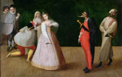 Compagnia dei Comici Gelosi med Isabella Andreini (1562-1604) skildret under en forestilling i Paris (se også 167901)